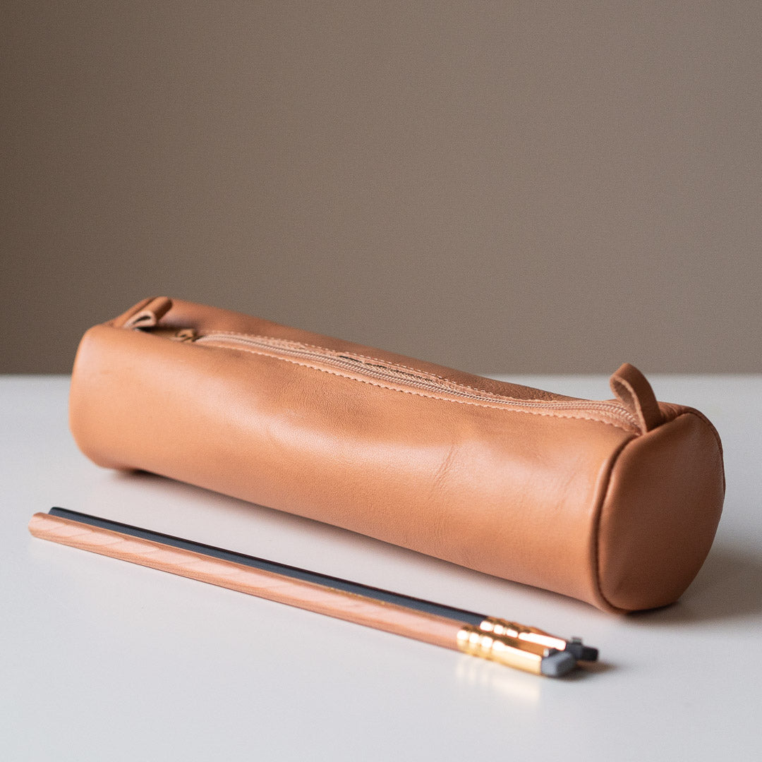 Real Leather round pencil case - Natural