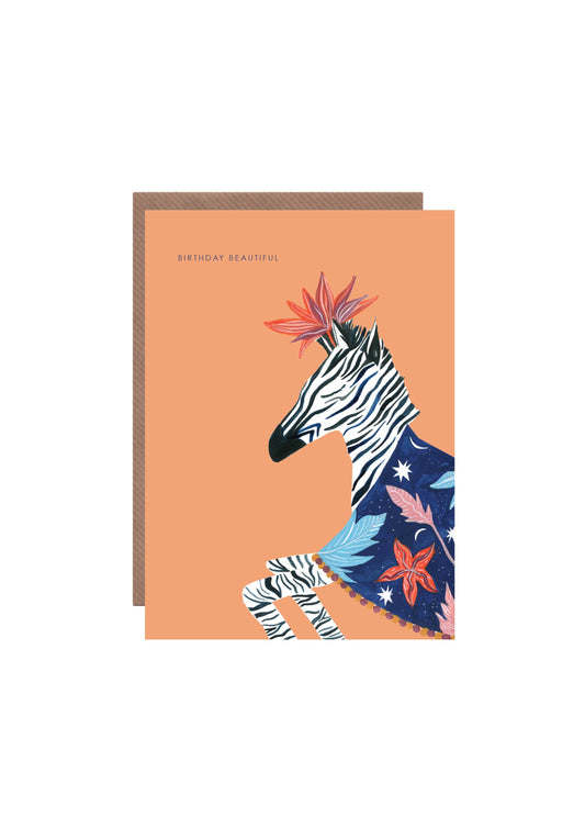 'Beautiful Zebra with Flowers' Birthday Greetings Card