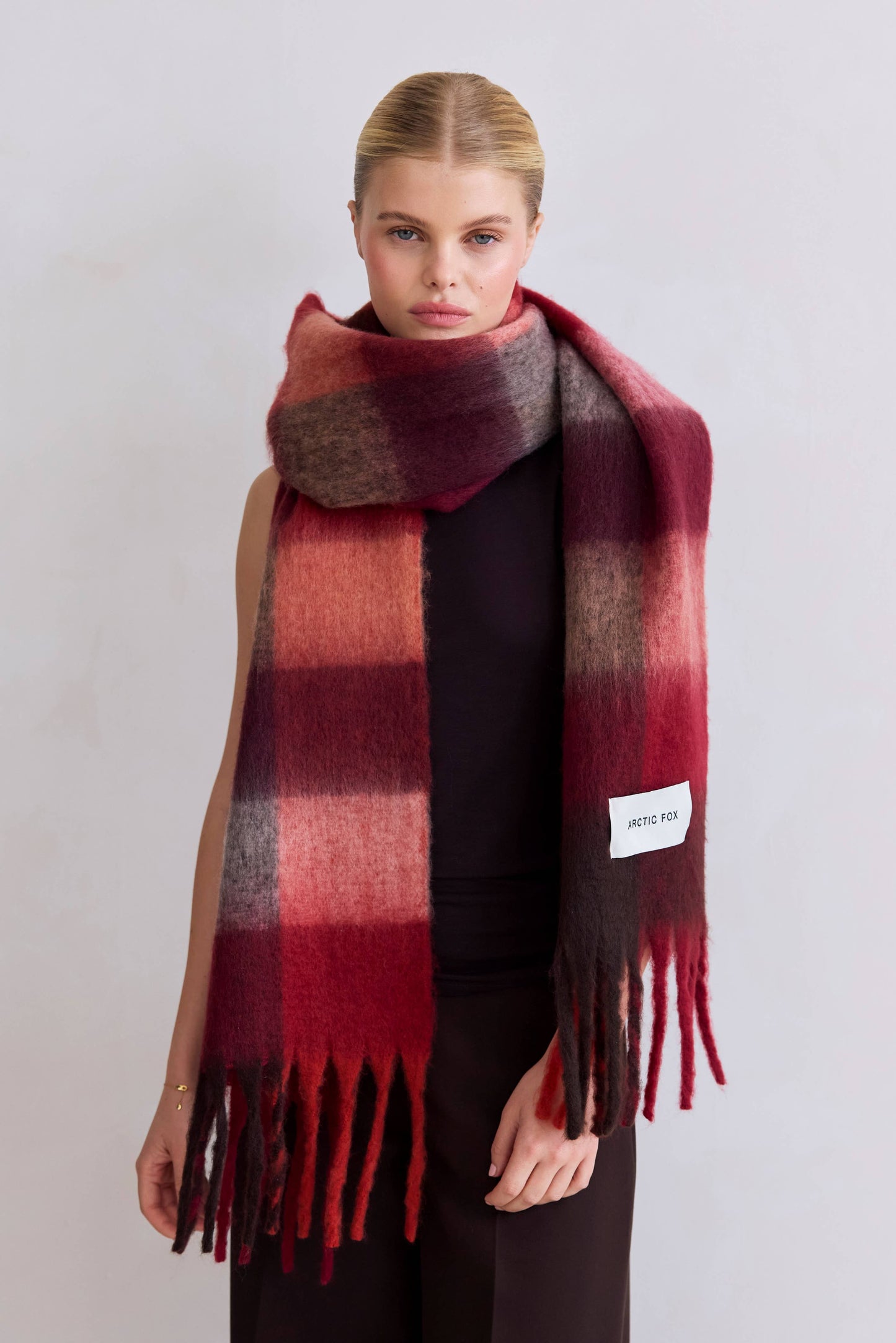 The Reykjavik Scarf - 100% Recycled - Burgundy check - AW25