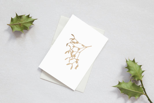 Foil blocked Mistletoe card - Brass on Ivory