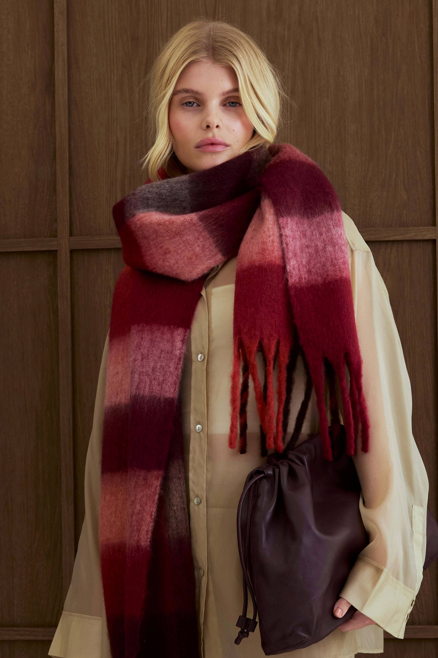 The Reykjavik Scarf - 100% Recycled - Burgundy check - AW25
