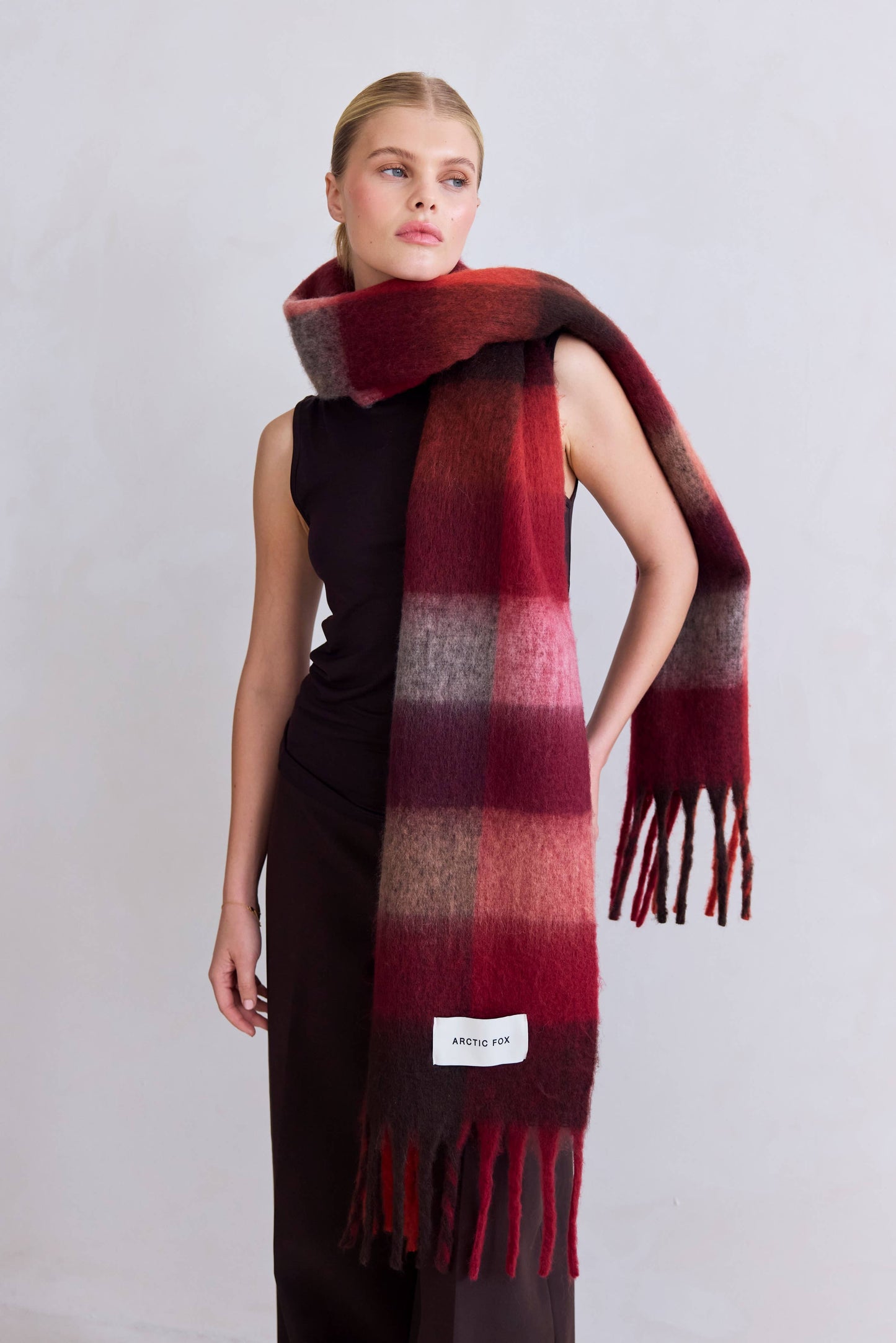 The Reykjavik Scarf - 100% Recycled - Burgundy check - AW25