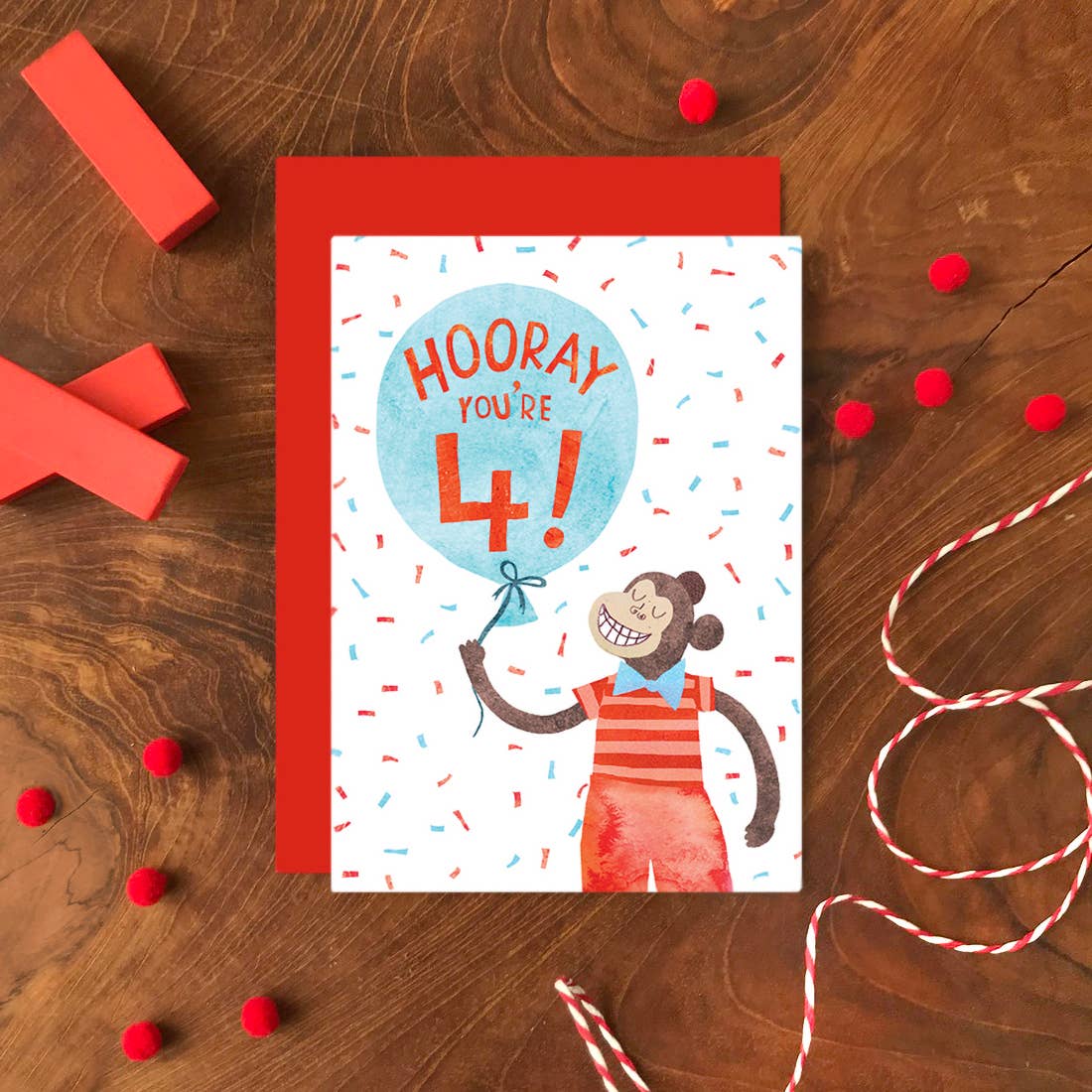 Four Years Monkey Birthday Greeting Card