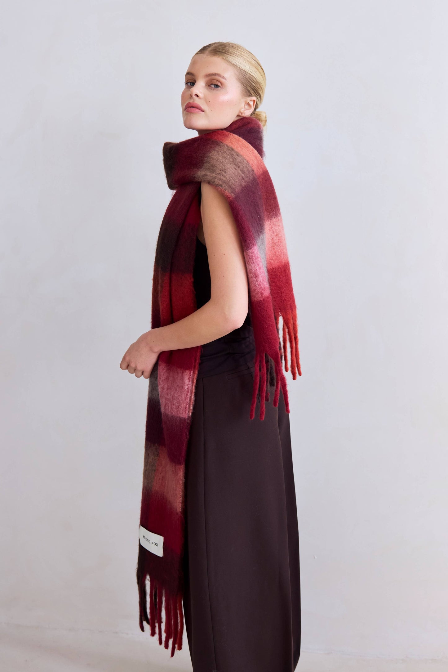 The Reykjavik Scarf - 100% Recycled - Burgundy check - AW25