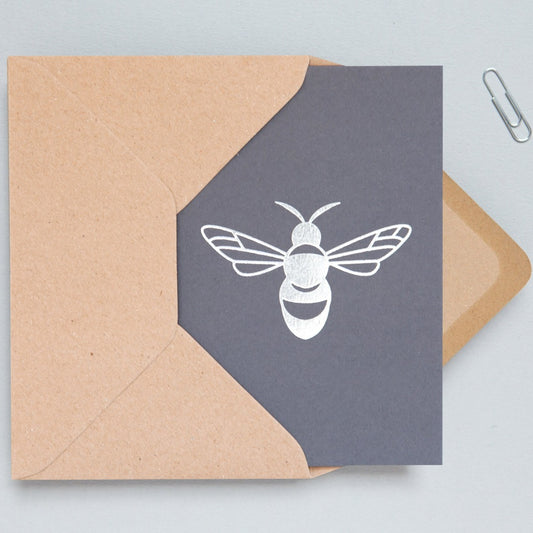 Foil Blocked Bee Card - Silver on Grey
