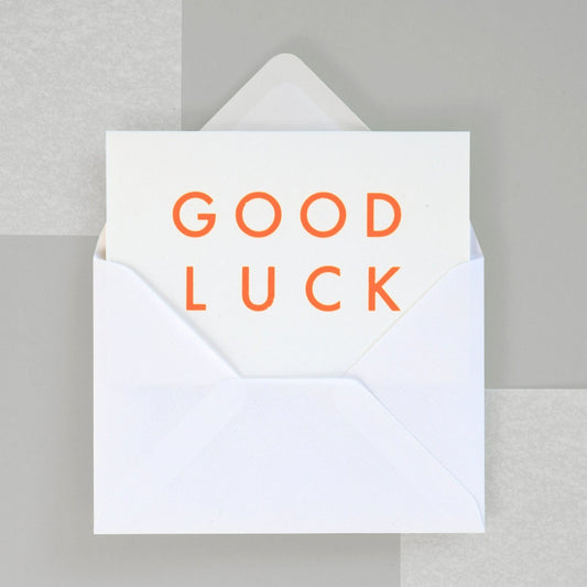 Foil Blocked Good Luck card - Neon orange on white