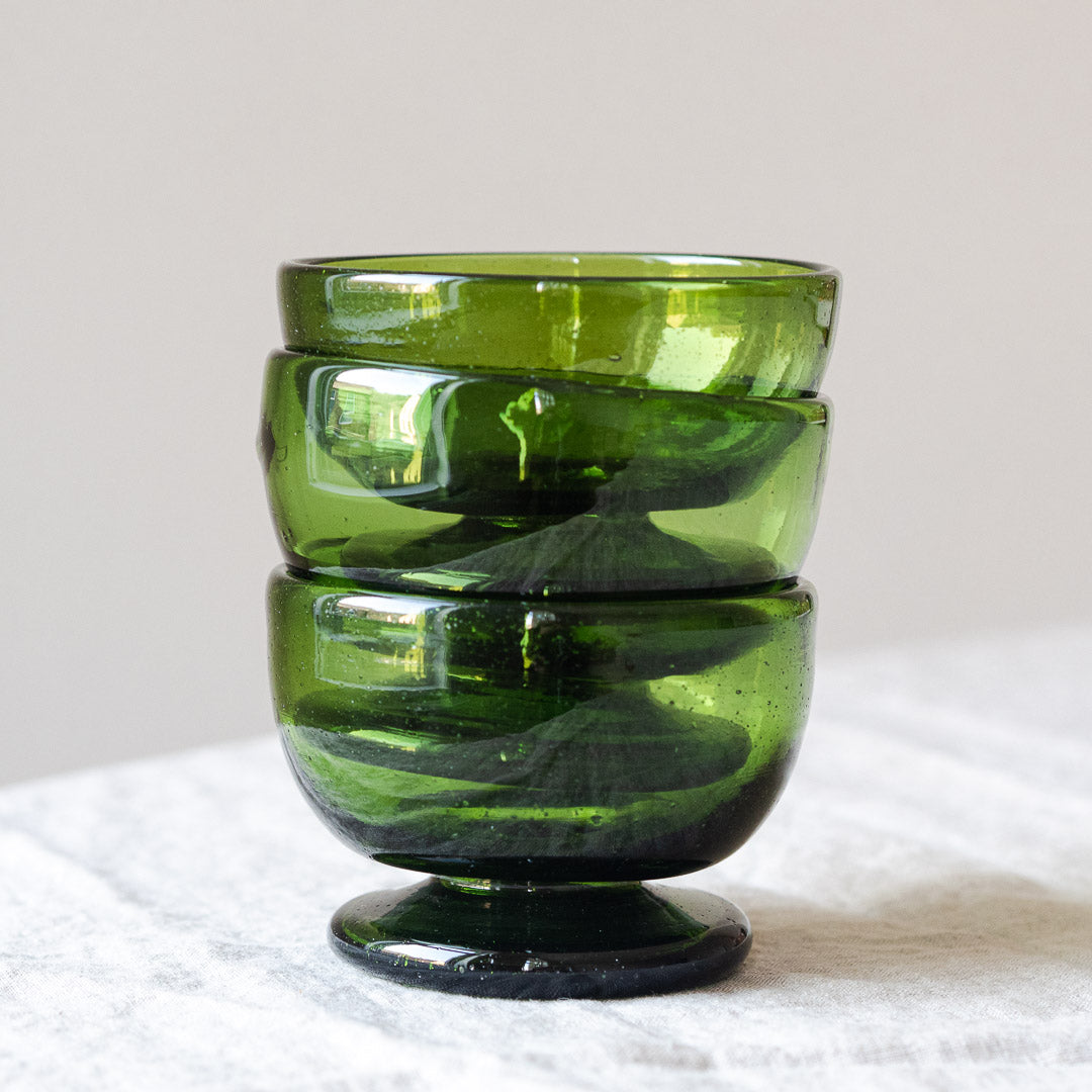 Stack of 3 Green recycled Pilgrim glass bowls by La Soufflerie