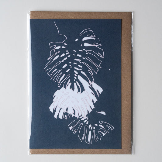 Blue monstera greetings card