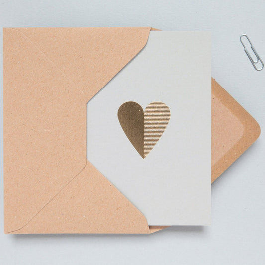 Foil Blocked Heart Card - Brass on Light Grey