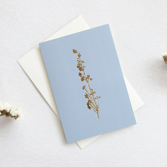 Foil Blocked Heather Card - Brass on Cornflower Blue