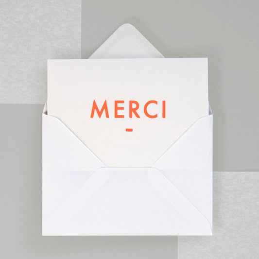 Foil Blocked Merci card - Neon orange on white