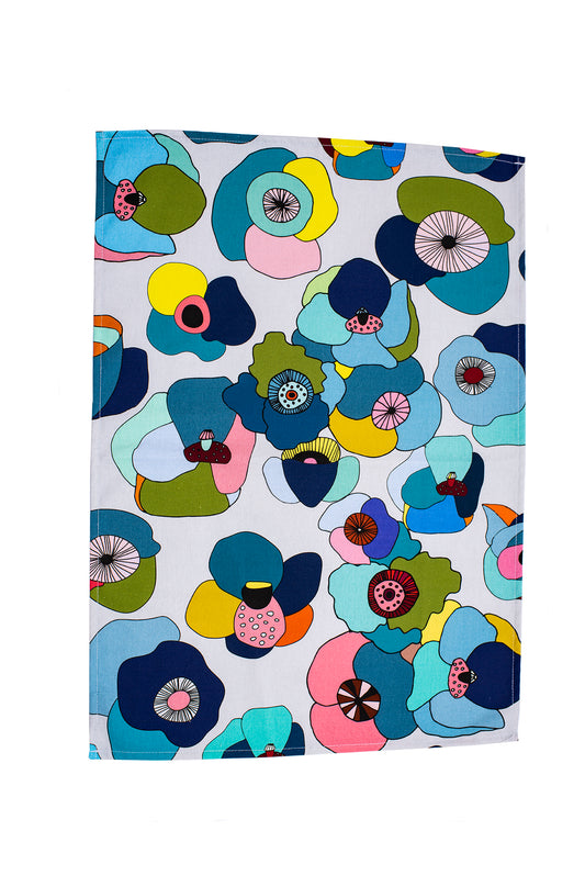 Poppy Print Tea Towel, Blue