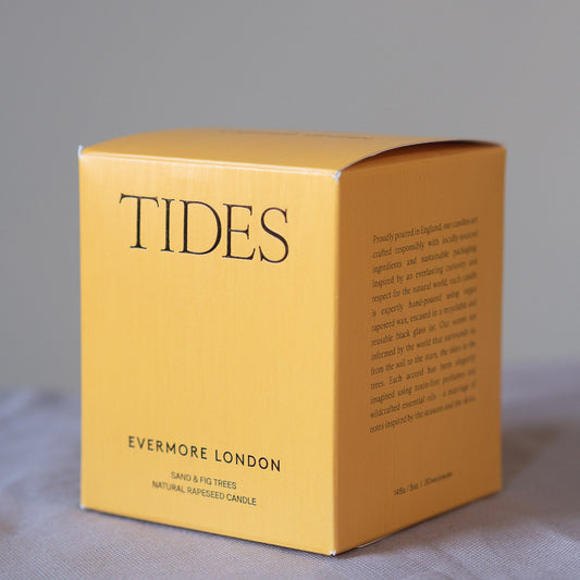 Evermore Tides Natural Rapeseed Candle 145g outer yellow box 
