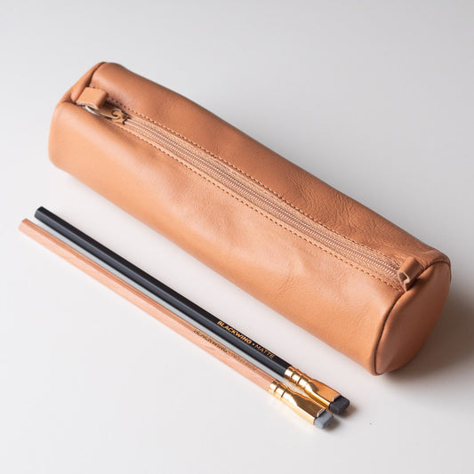 Real Leather round pencil case - Natural
