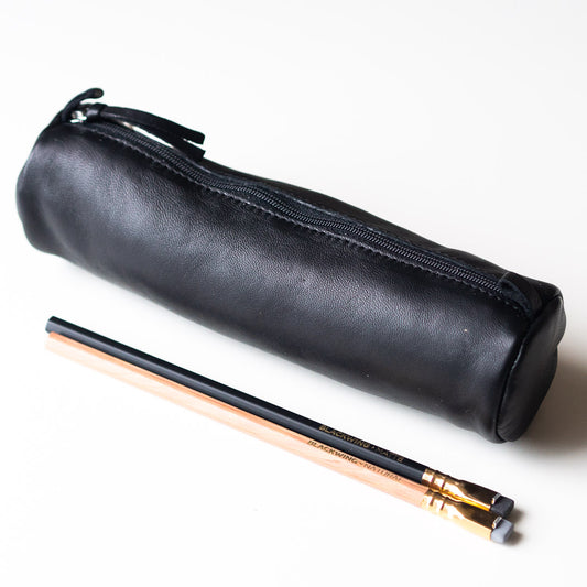Real Leather round pencil case - Black