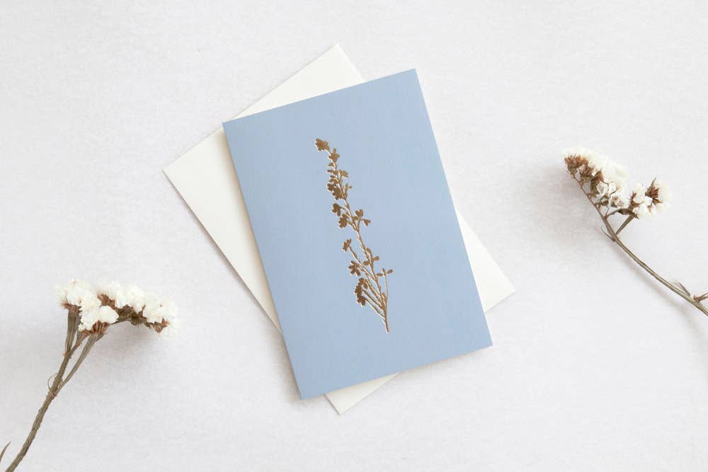 Foil blocked Heather card – Brass on Cornflower Blue