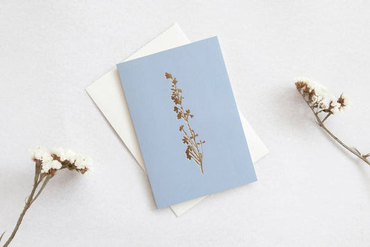 Foil blocked Heather card – Brass on Cornflower Blue